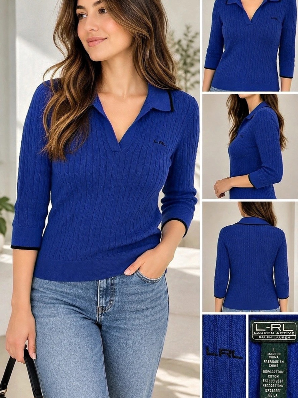 Lauren Ralph Lauren Active Cable Knit Polo Sweater Blue L 100% Cotton